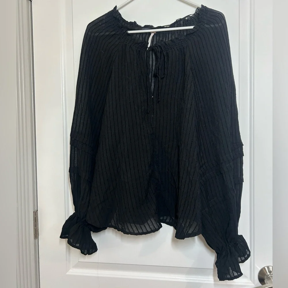 Free People Out Of Town Top Off the Shoulder Smocked Puff Sleeves Sheer Boho S